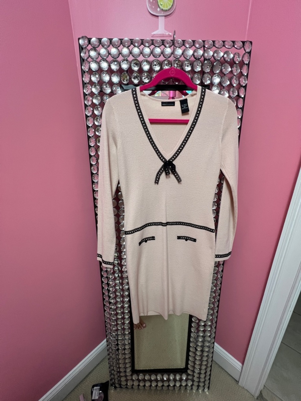 Moda International soft pink V-Neck Sweater Dress with Black lace Trim